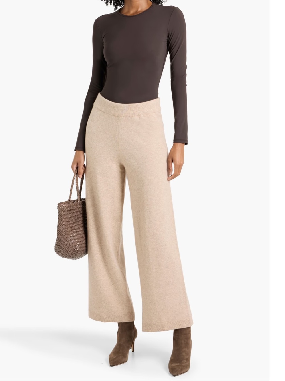 Veronica Beard Jenkins Beige Wide-Leg Wool Cashmere Knit Pants